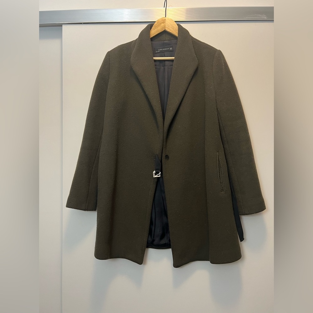 Zara Womens Wool Wrap Coat, size XS Olive Green